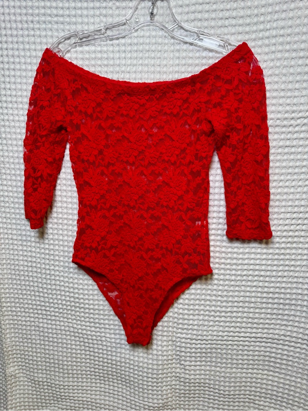 Ambiance Red Lace Bodysuit with Scalloped Edge